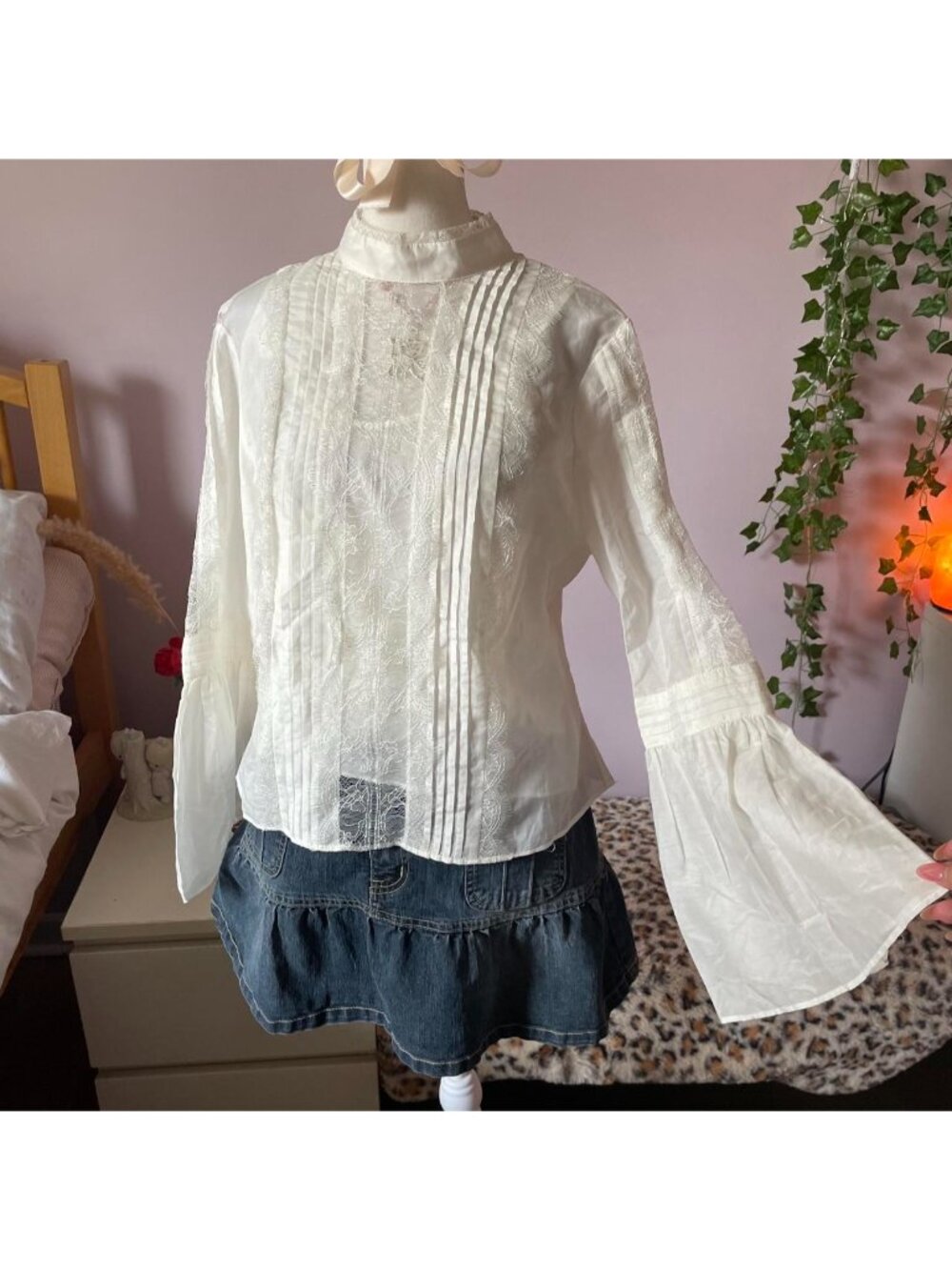 Cotton and silk lacy semi sheer blouse
